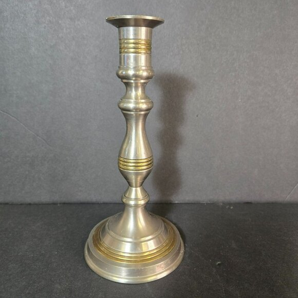 Vintage Solid Brass Two-Tone Taper Candle Holder w Goldtone Accent Rings India - Picture 10 of 13